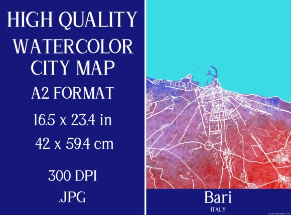 Bari Italy Watercolor City Map Illustrations