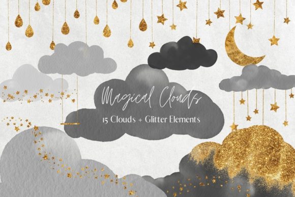 Black Watercolour and Glitter Clouds Illustrations