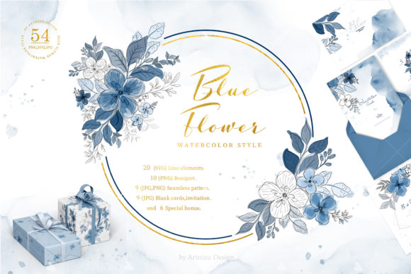 Blue Flower Watercolor Style Illustrations