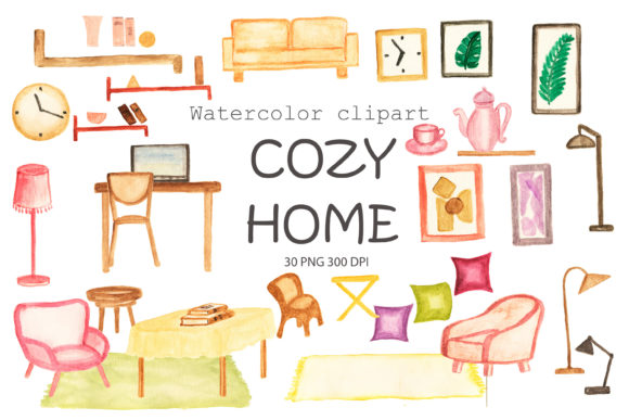 Cozy Home. Room Decor Watercolor Clipart