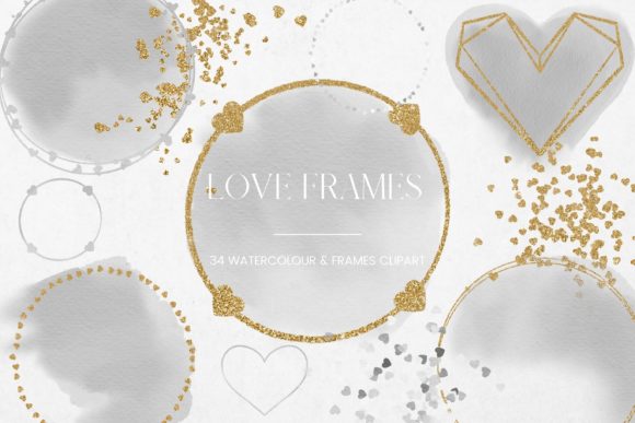 Grey Watercolour Hearts and Frames Illustrations