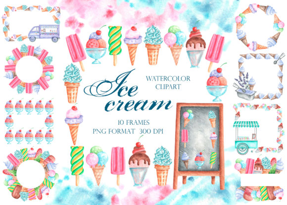 Ice Cream Watercolor Frames Bundle and Illustrations