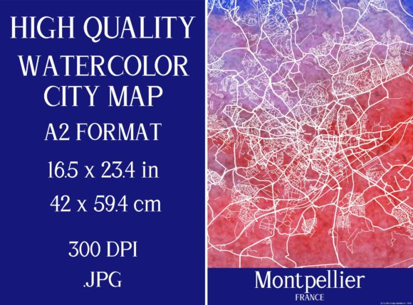Montpellier France Watercolor City Map