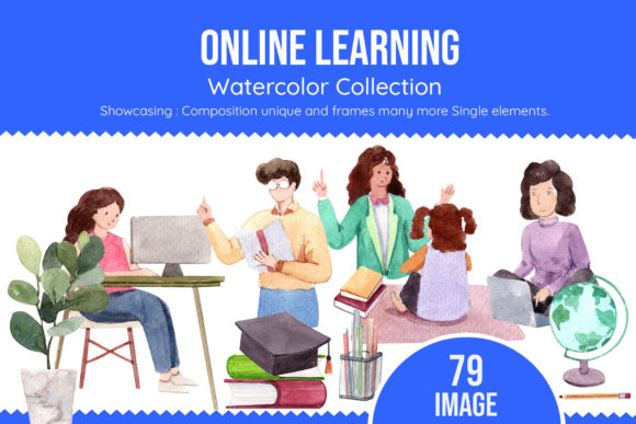 Online Learning at Home Watercolor Illustrations