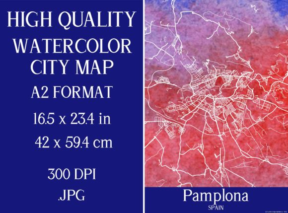 Pamplona Spain Watercolor City Map Illustrations
