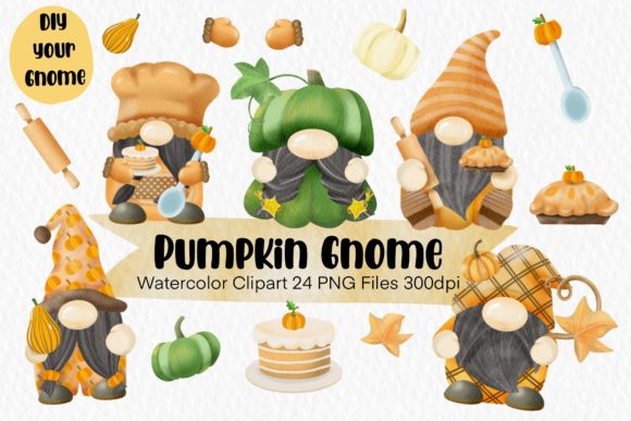 Pumpkin Gnome Watercolor Clipart Set PNG