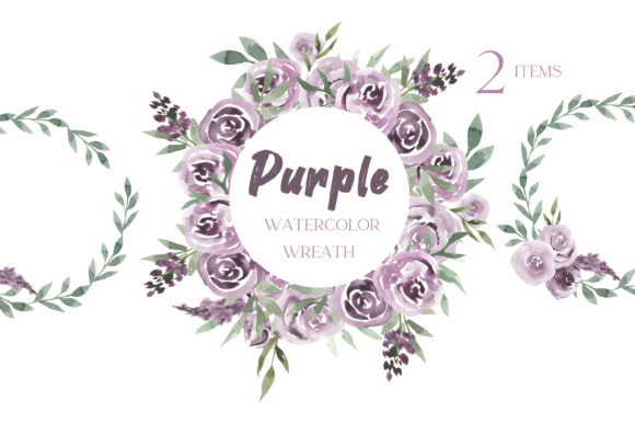 Purple Floral Wreath, Watercolor Purple Illustrations