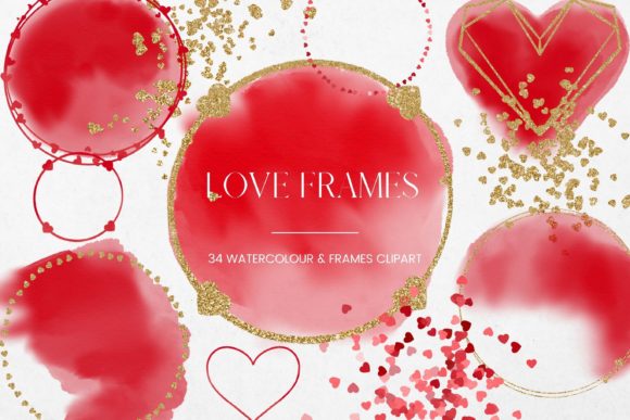 Red Heart Watercolour and Gold Frame Illustrations