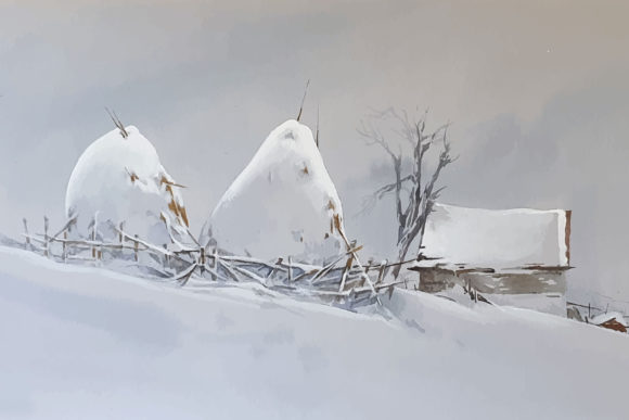 Snow Covered Watercolor Landscape Scene Illustrations