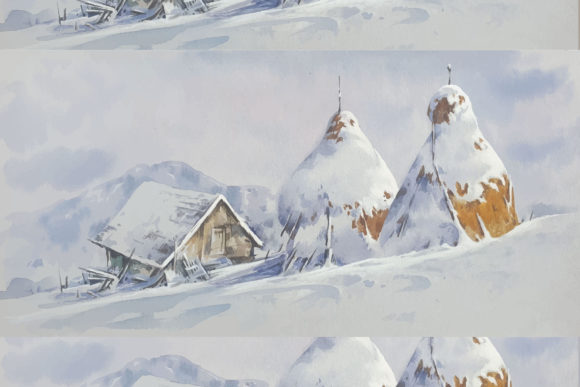 Snow Covered Watercolor Landscape Scenery Illustrations