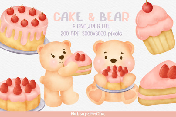 Watercolor Cake and Bear Png Clipart and Illustrations
