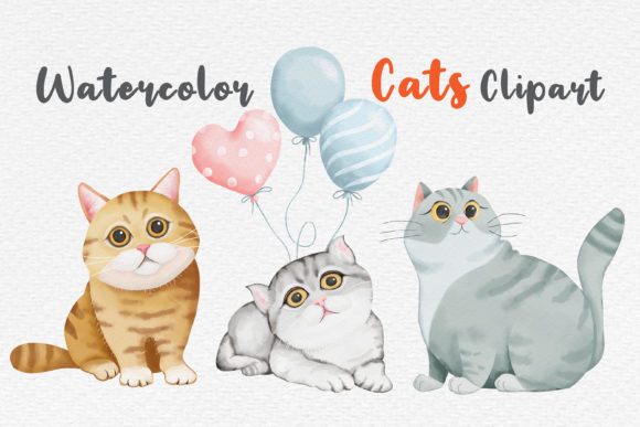 Watercolor Cats and Balloons Clipart & Illustrations