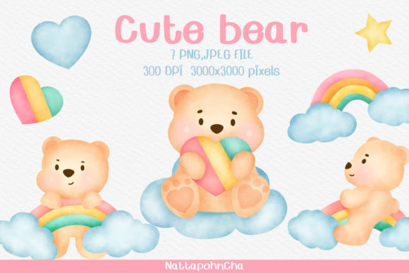 Watercolor Cute Bear and Rainbow Clipart Illustrations