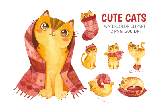 Watercolor Cute Cats and Illustrations