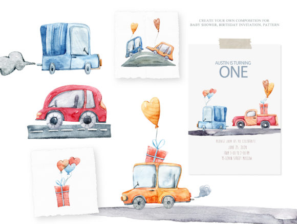 Watercolor Cute Retro Cars Clipart and Illustrations