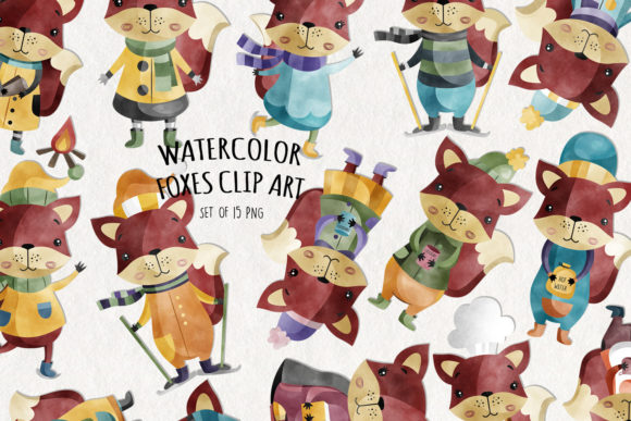 Watercolor Fox Clipart Set of 15 Illustrations