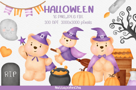Watercolor Halloween Party Clipart and Illustrations
