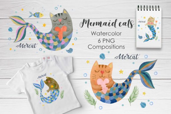 Watercolor Mermaid Cat Compositions and Illustrations