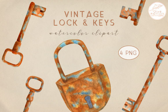Watercolor Old Keys Lock PNG Clipart and Illustrations
