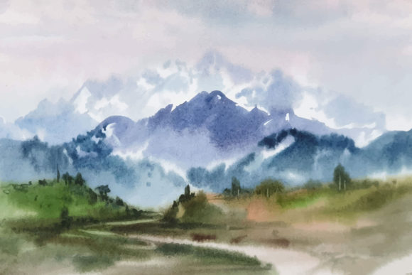 Watercolor Panorama Mountains Painting Illustrations