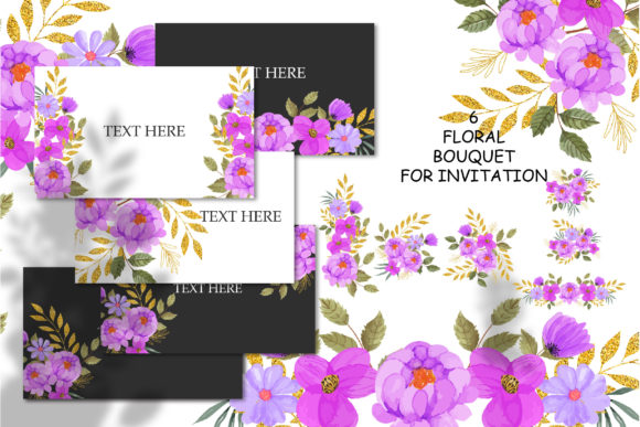 Watercolor Purple Floral SIX Bouquets Illustrations