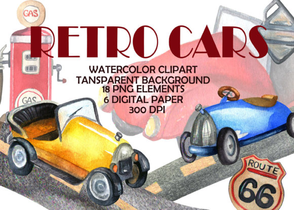 Watercolor Retro Cars Set and Illustrations