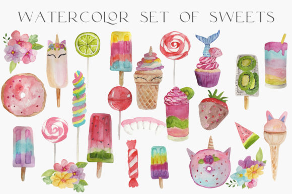 Watercolor Set of Sweets Png Clipart and Illustrations