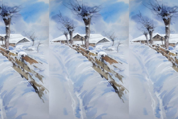 Watercolor Snow Covered Trees and Houses Illustrations