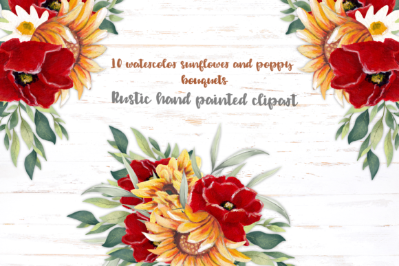 Watercolor Sunflower and Poppy Bouquets Illustrations