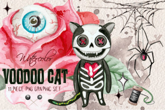 Watercolor Voodoo Cat Clip Art Set and Illustrations