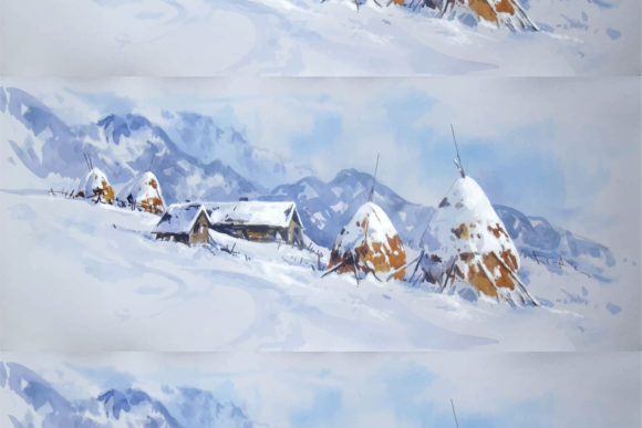 Watercolor Winter Landscape in Mountain Illustrations
